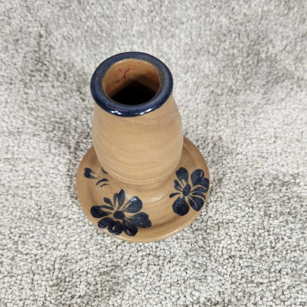 Pottery‎ Candlestick Holder Tan Blue Floral Salt Glaze Primitive